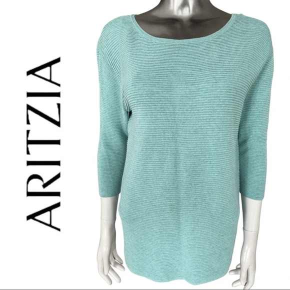 Aritzia Knit Top Wilfred 3/4 Sleeve Ribbed  Top Blue Green size XS - Picture 1 of 6